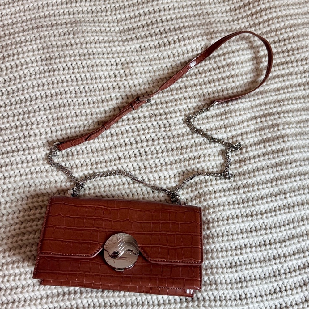 JW PEI Vegan Leather Croc-Embossed Shoulder Bag with Chain Strap – Brown